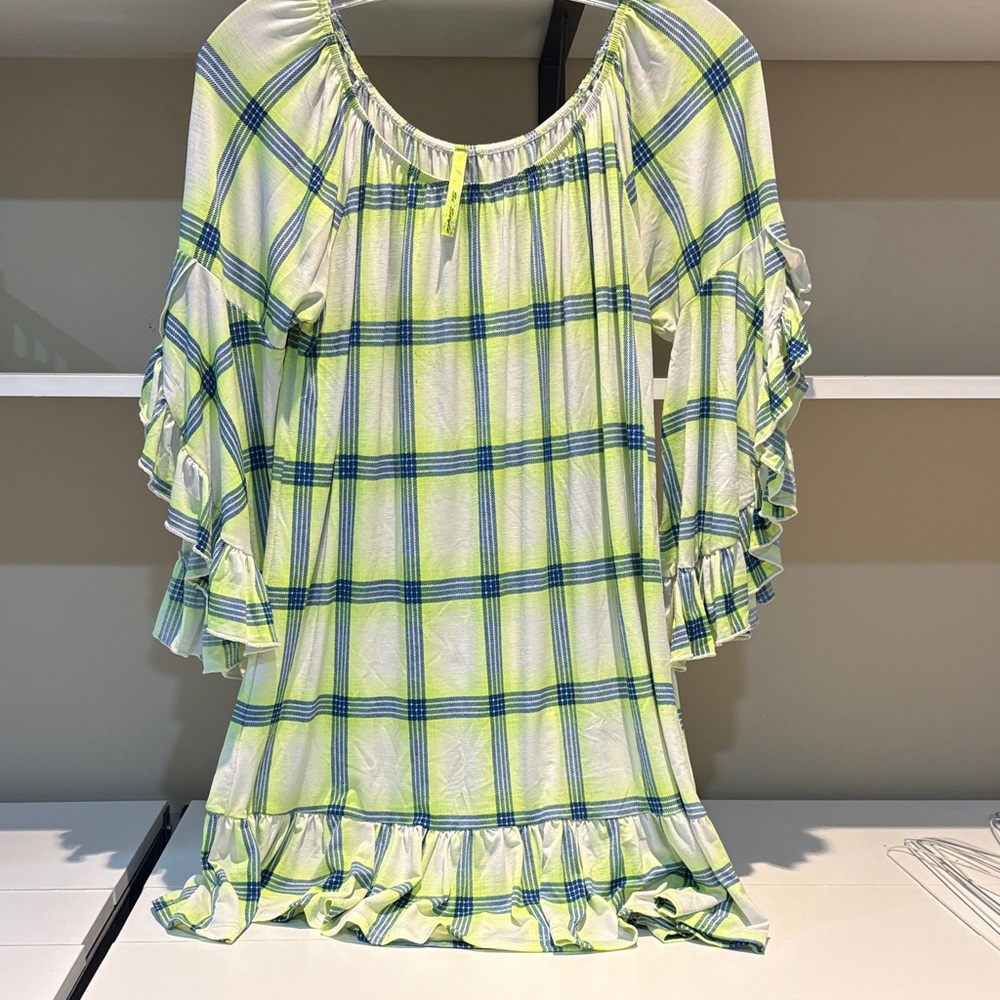 Plaid Ruffle Kids Dress - Green and Blue